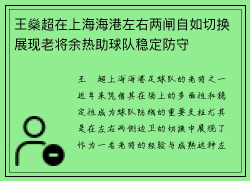 王燊超在上海海港左右两闸自如切换展现老将余热助球队稳定防守 王燊超在上海海港左右两闸自如切换展现老将余热助球队稳定防守