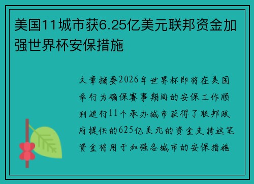 美国11城市获6.25亿美元联邦资金加强世界杯安保措施 美国11城市获6.25亿美元联邦资金加强世界杯安保措施