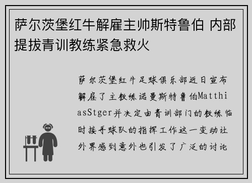萨尔茨堡红牛解雇主帅斯特鲁伯 内部提拔青训教练紧急救火 萨尔茨堡红牛解雇主帅斯特鲁伯 内部提拔青训教练紧急救火